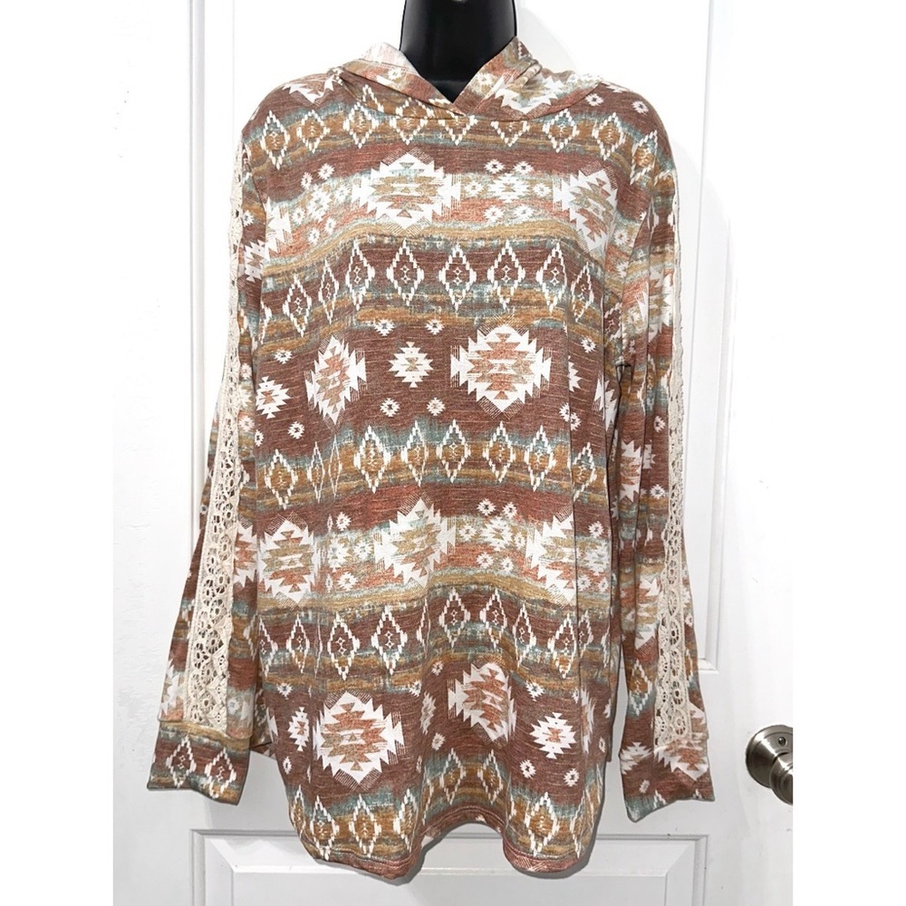Haptics Aztec Pullover Long Sleeve Lightweight Hoodie with lace details - Picture 2 of 7